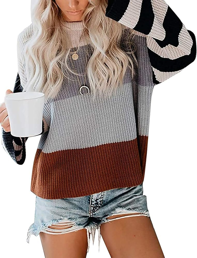 MEROKEETY Women's Crew Neck Long Sleeve Color Block Knit Sweater Casual Pullover Jumper Tops | Amazon (US)
