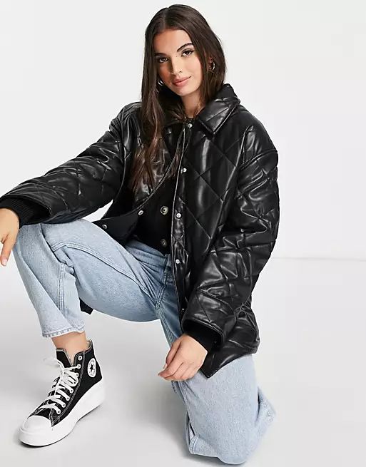 ASOS DESIGN faux leather quilted padded jacket in black | ASOS (Global)