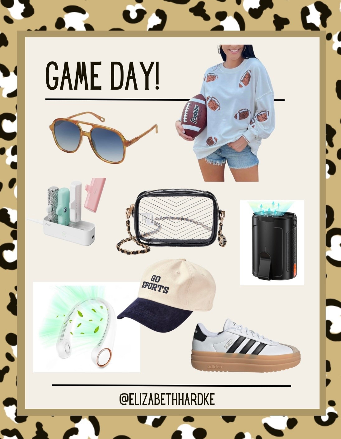 Game day outfit, aviator sunglasses, go sports hat, Adidas gazelle black and white women’s platform sneakers, portable neck fan, portable clip fan, portable phone charger, clear bag, sequin football sweatshirt 

#LTKSeasonal #LTKStyleTip #LTKU