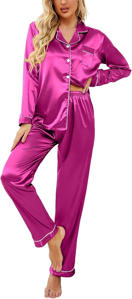 Ekouaer Women Satin Pajamas Set Classic Button Down Long Pjs Set | Amazon (US)