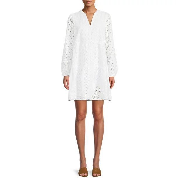 Time and Tru Women's Long Sleeve Solid and Eyelet Dress | Walmart (US)