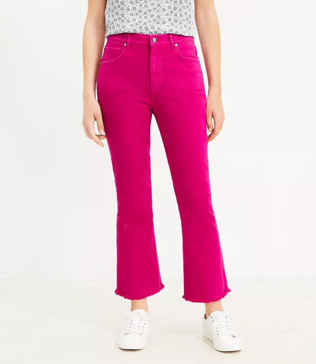 Frayed High Rise Kick Crop Jeans in Fuchsia Sunset | LOFT