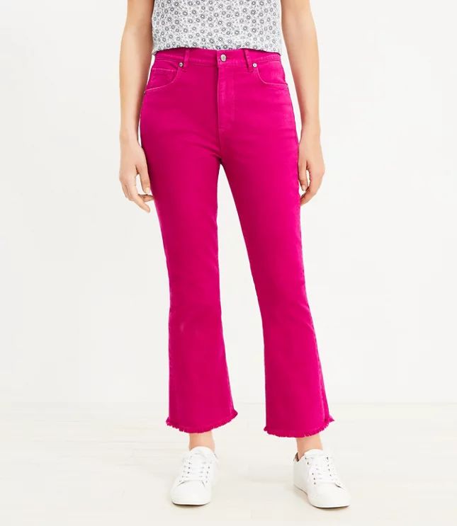 Frayed High Rise Kick Crop Jeans in Fuchsia Sunset | LOFT