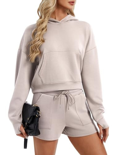 SPECIALMAGIC Women's 2 Piece Scuba Hoodie and Shorts Set Cozy Stretchy Sweatsuit Set Athleisure Outfit Lounge Street Oatmeal Medium | Amazon (US)