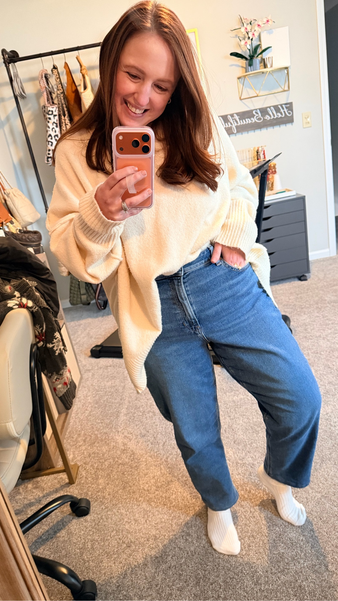 Today’s outfit!  I wore with it with some mini Uggs as well.

The denim was thrifted but they are American Eagle.  I will link a similar option!
