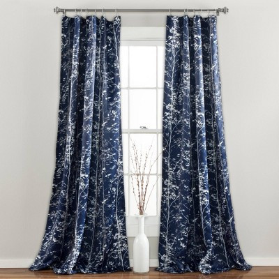 Set of 2 (95"x52") Forest Light Filtering Window Curtain Panels Navy - Lush Décor: Modern Floral Drapes, Rod Pocket | Target