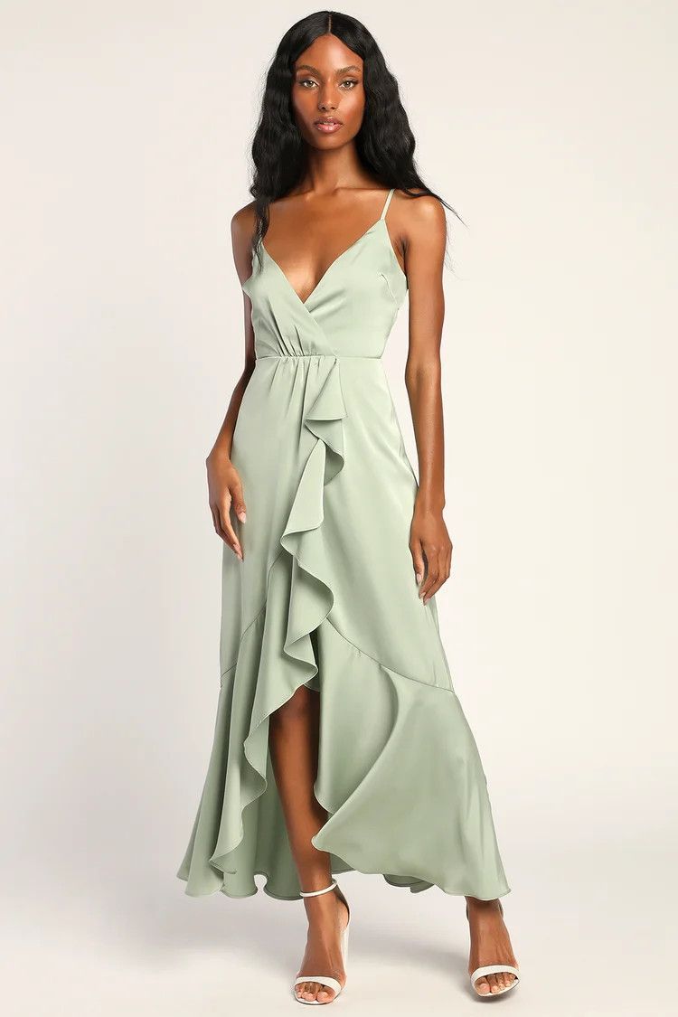 Enchanted Moments Sage Green Satin Ruffled High-Low Dress | Sage Green Dress | Emerald Green Dress | Lulus (US)