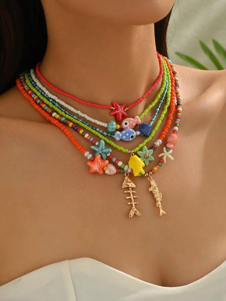 1pc Elegant & Cute Bohemian Ocean Elements Ceramic Fish, Starfish, Gold Conch, Gold Shells, Multicolored Seed Beads, Rhinestones, Gold Fish, Orange/Yellow/Green/Red Color Etc. Multiple Options Women's Layered Beaded Necklace, Beach Party Necklace, Sophisticated European Style, Suitable For Daily Wear, Graduation/Back To School Gift. The Actual Mixed Seed Bead Colors May Differ From The Official Photos, Which Is Normal Due To The High-Temperature Ceramic Painting Process And Slight Imperfections. | SHEIN
