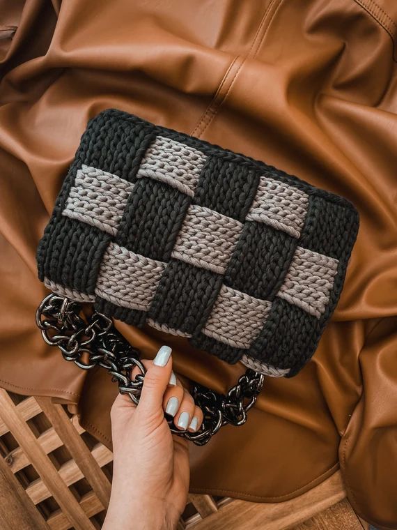 Elegant black handbag, knitted grey bag, stylish black clutch, personalized purse, crossbody bag ... | Etsy (US)