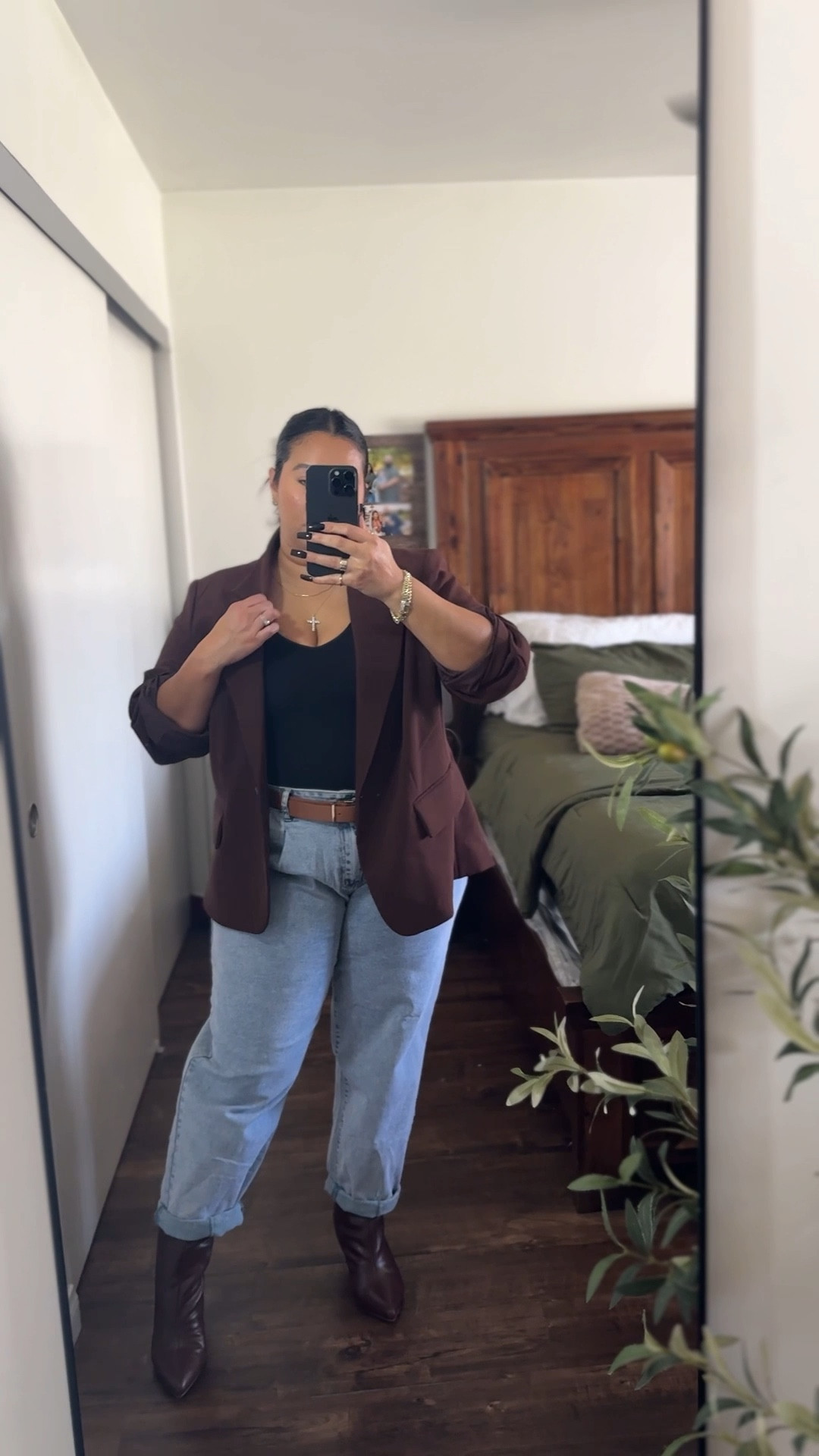 Super easy elevated casual outfit that is tummy friendly and perfect for the holidays. 

Blazer - XL/ runs big, oversized fit, super comfy 
Bodysuit - large / tts / thong bodysuit / good tummy compression 
Denim jeans - 10/ tts / oversized baggy jeans 
Leather boots - 8.5 / tts/ very comfortable 

Holiday outfit 
Date night outfit 
Midsize outfit 
Midsize fashion
Blazer 
Brown blazer 
Brown boots 
Leather boots 
Kitten heels 
Baggy jeans 
Christmas outfit 
New Year’s Eve outfit 
Nye outfit 
Curvy fashion
Mom outfit idea 

#LTKHoliday #LTKMidsize #LTKootd