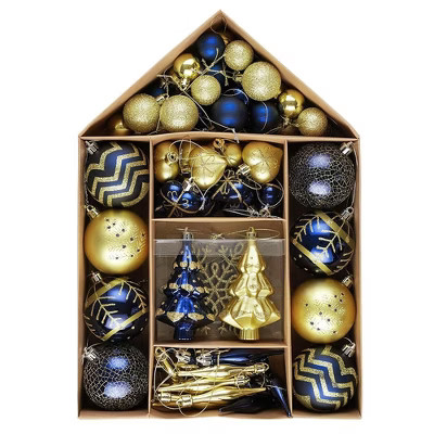 70pc Glam and Glittered Gold and Blue Elegant Christmas Ornament Set, Assorted Balls, Trees, Snowflakes, and Royal Heart Pendants| OrnamentallyYou | Target