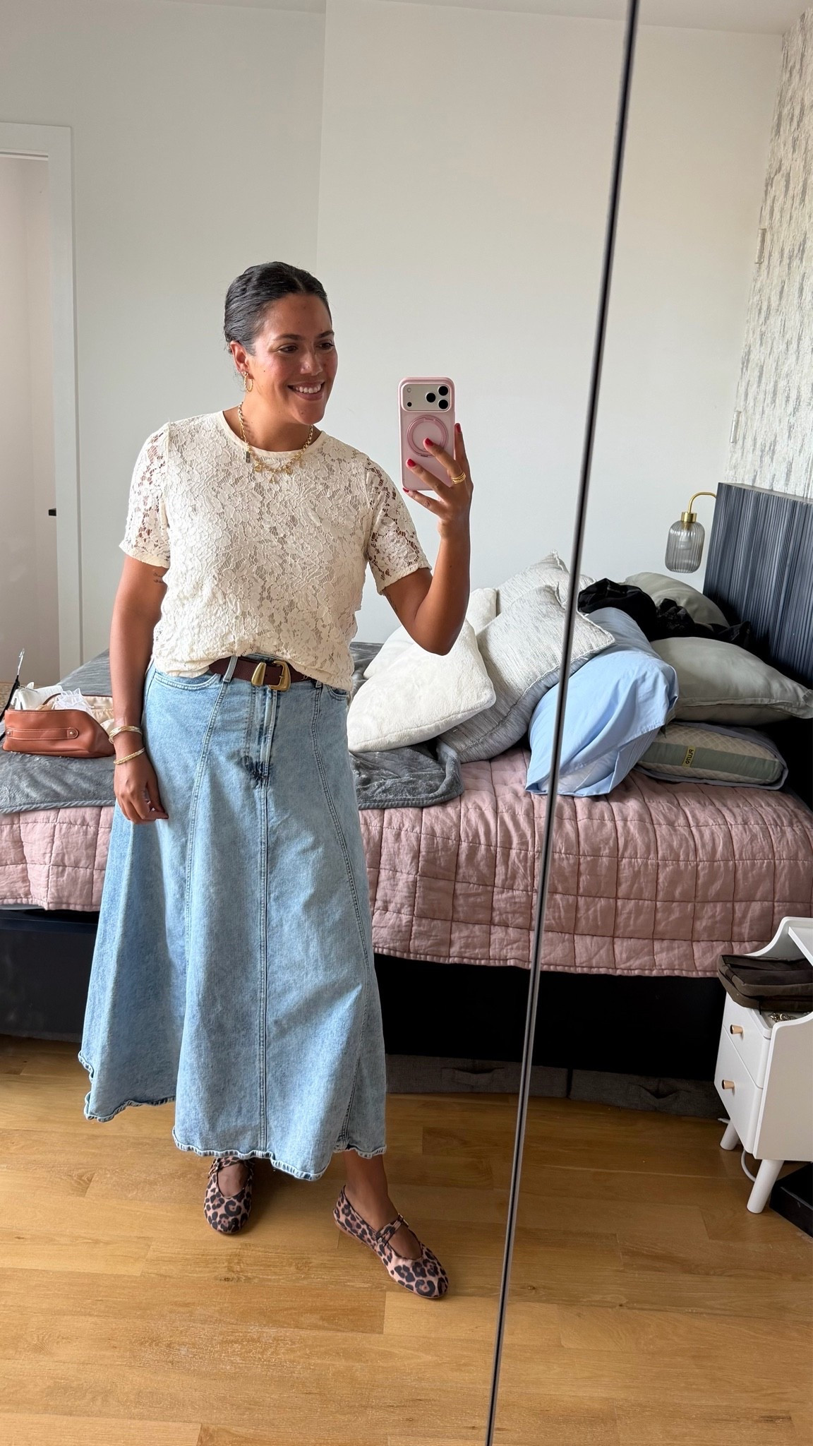 Dressed up a maxi denim skirt a bit for the office by pairing it with a lace top and cute leopard Mary Jane’s! Layered gold jewelry and a belt with a fun buckle completed the look.

#LTKMidsize #LTKootd #LTKWorkwear