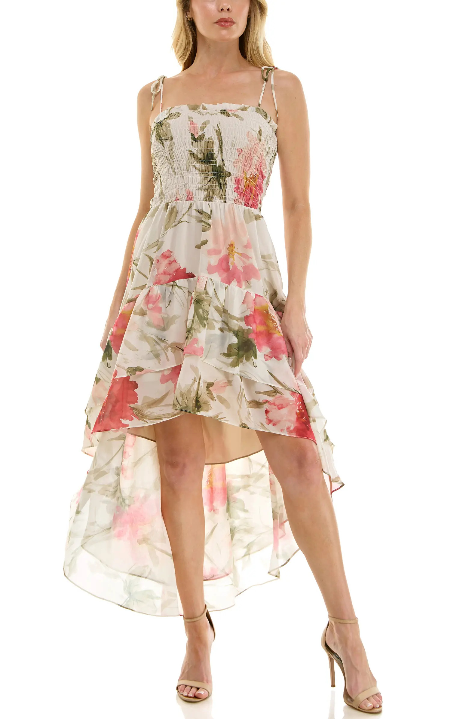 Socialite Smocked Bodice Tie Strap High-Low Midi Dress | Nordstrom | Nordstrom