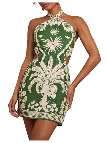 MakeMeChic Women's Boho Mini Dress Summer Beach Vacation Halter Dresses Floral Sundress Green X-S... | Amazon (US)