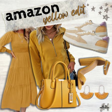 Amazon yellow edit, midi dress, maxi dress, pullover, sneakers, tennis shoes, heels, chunky, tassel earrings, handbag, purse, accessories 

#LTKstyletip #LTKSeasonal #LTKfindsunder100