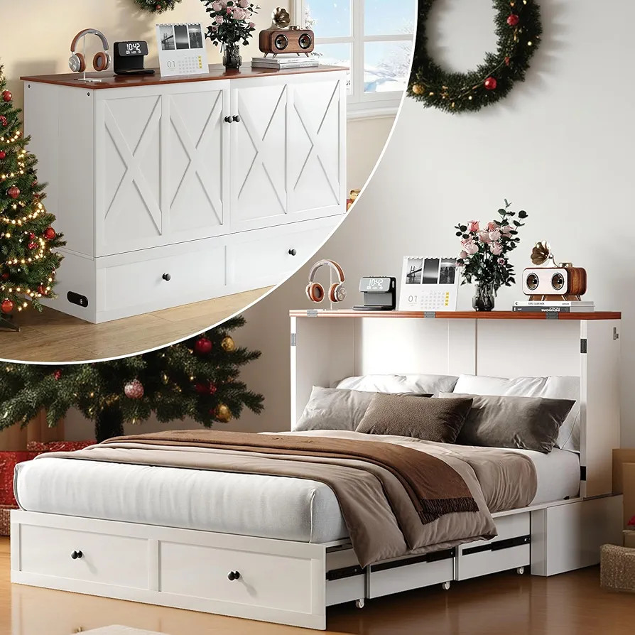 ijuicy Queen Size Murphy Bed with Mattress & Extra Large Drawers, Multifunctional Cabinet Beds wi... | Amazon (US)