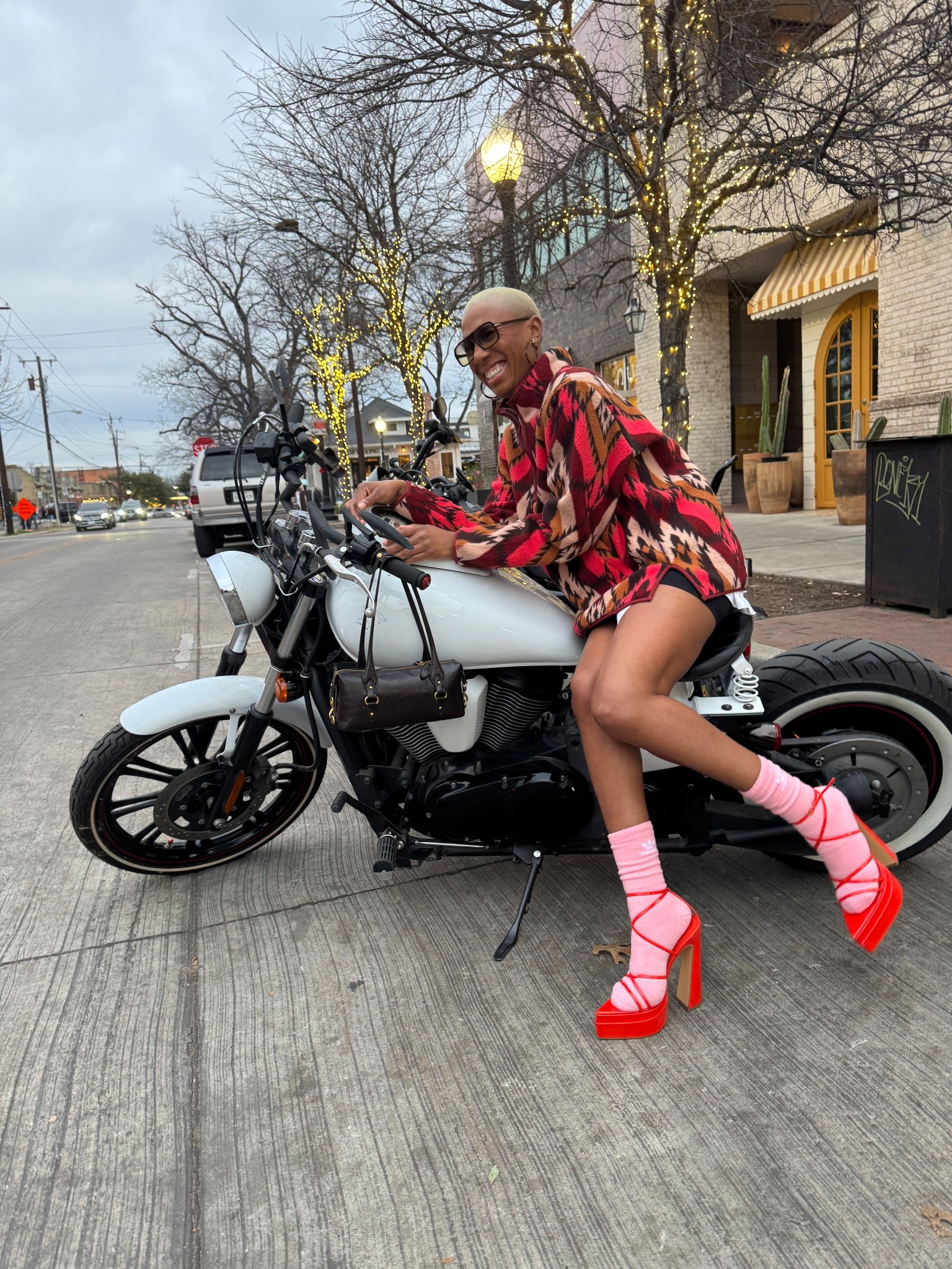 Edgy street style outfit with platform heels, statement jacket, and sporty socks. Perfect for city walks, content days, and bold fashion lovers.

#LTKFindsUnder100 #LTKootd #LTKOver40