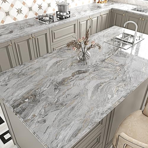 Glossy Gold/Grey Marble Contact Paper for Countertops Vinyl Waterproof Marble Peel and Stick Wallpaper for Bathroom Kitchen Counter Tops Wall Paper Film for Cabinets Drawers Desk Table Top 24''x118'' | Amazon (US)