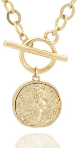 Chunky Gold Coin Pendant Necklace Trendy Layered Statement Chain for Women, Antique Toggle Design... | Amazon (US)