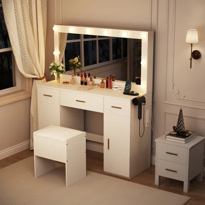 Makeup Vanity Desk with Mirror and Lights, Modern White Vanity Table with Drawers, Charging Station & Storage Stool, Wood Make Up Vanity Set for Bedro | Wayfair North America