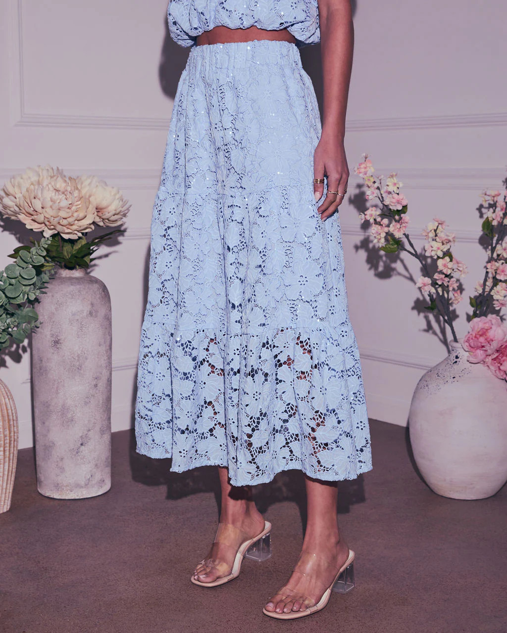 Morning Dew Floral Lace Midi Skirt | VICI