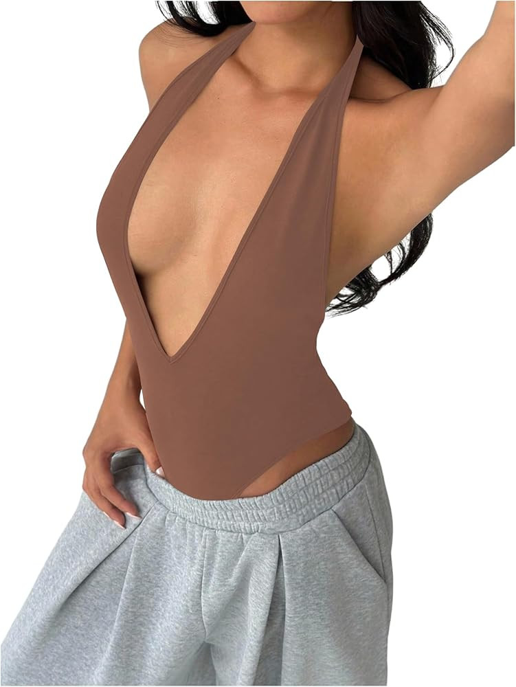 Milumia Women's Deep V Neck Halter Bodysuit Sexy Backless Slim Fit Going Out Top | Amazon (US)