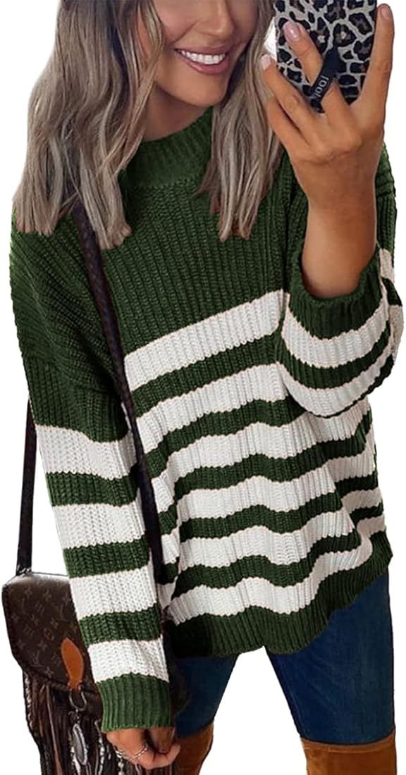 BTFBM Women Long Sleeve Sweater Tops Crew Neck Striped Print Slouchy Chunky Knit Fall Winter Casu... | Amazon (US)