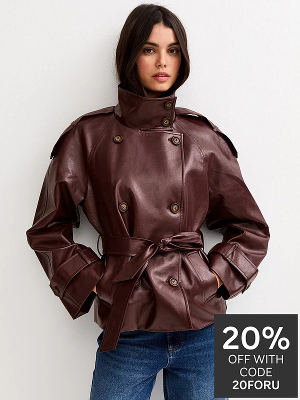 New Look Faux Leather Belted Funnel Neck Jacket - Dark Burgundy | Very (UK)