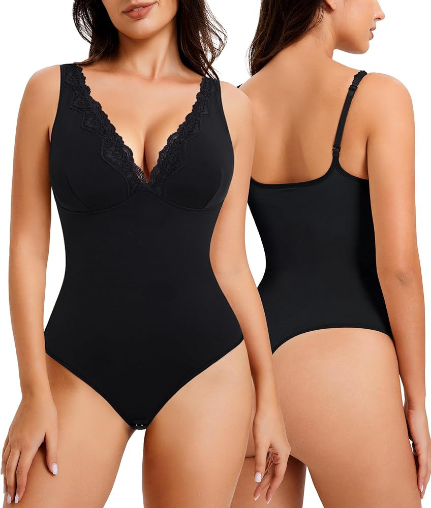 MERYOSZ Shapewear Bodysuit Tummy Control Body Shaper for Women V Neck Bodysuits Thong Lace Camiso... | Amazon (US)