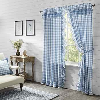VHC Brands Annie Blue Buffalo Check Farmhouse Ruffled Panel Curtain Set 84x40 | Amazon (US)