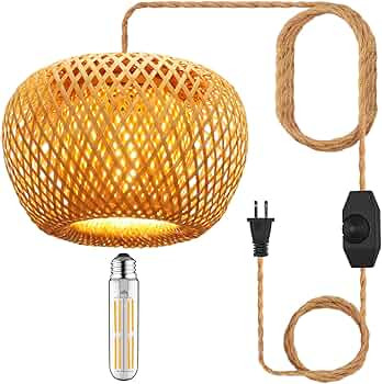 YIIZON Plug in Pendant Light Fixture with Hand Woven Bamboo Lamp Shade Dimmer Switch Hanging Ligh... | Amazon (US)