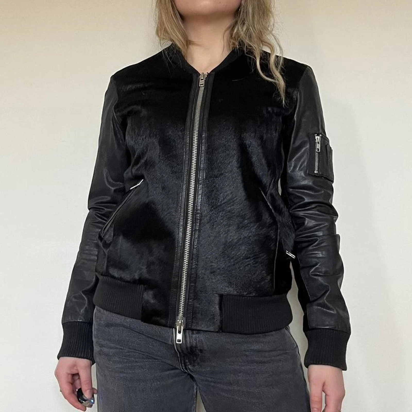 Vintage 00s double zip pony hair + real leather black bomber jacket | eBay US