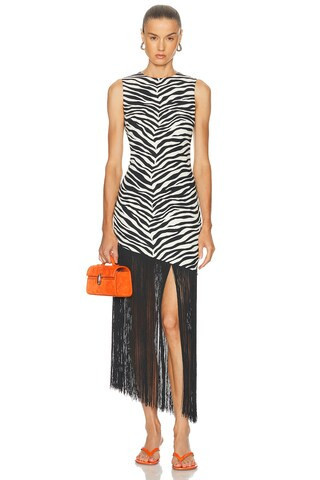 SIMONMILLER Casablanca Fringe Dress in Zebra Print - Black. Size M (also in L, S, XS). | FWRD 