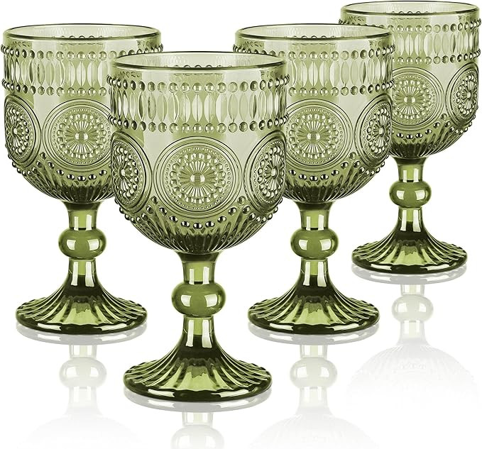 Joeyan Vintage Wine Glasses,12 oz Embossed Sunflower Green Goblet,Romantic Stemmed Drinking Glass... | Amazon (US)