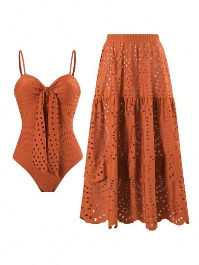 Swim Oasis V-Neck Caramel Brown Hollow Out One-Piece Swimsuit For Women | SHEIN