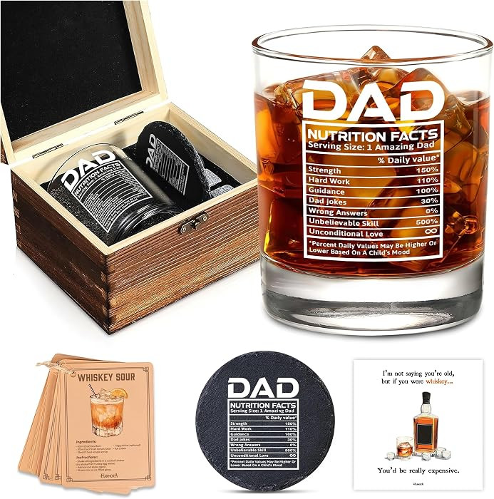 dad Whiskey Glass Gift Set \u2013 Funny Dad Nutrition Facts Design \u2013 Gifts for Dad from Daug... | Amazon (US)