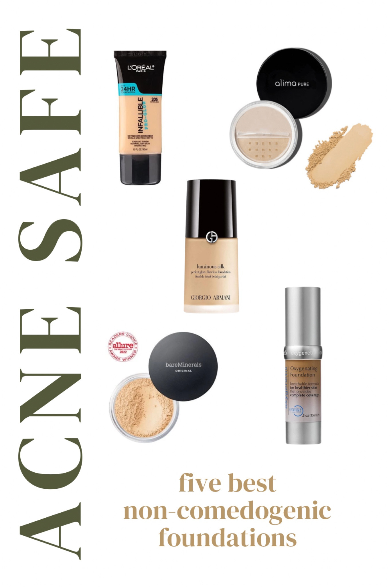 Five of the best acne safe foundations. These are all non-comedogenic which means they won’t clog your pores! 

#LTKunder100 #LTKunder50 #LTKbeauty