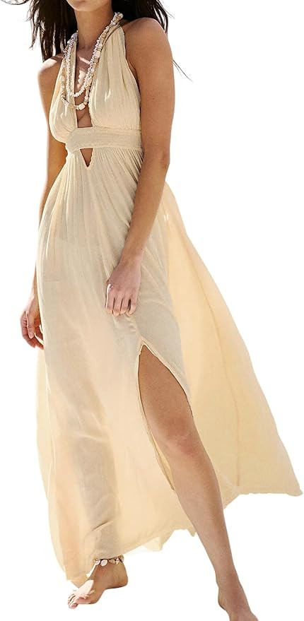 R.Vivimos Boho Maxi Dresses for Women 2026 Summer Sleeveless Halter Elastic Waist Sexy Backless F... | Amazon (US)