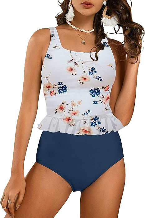 FERBIA Women Falbala Bikini Set Halter High Waisted Swimsuit 2 Piece Ruffle Tummy Control Peplum ... | Amazon (US)