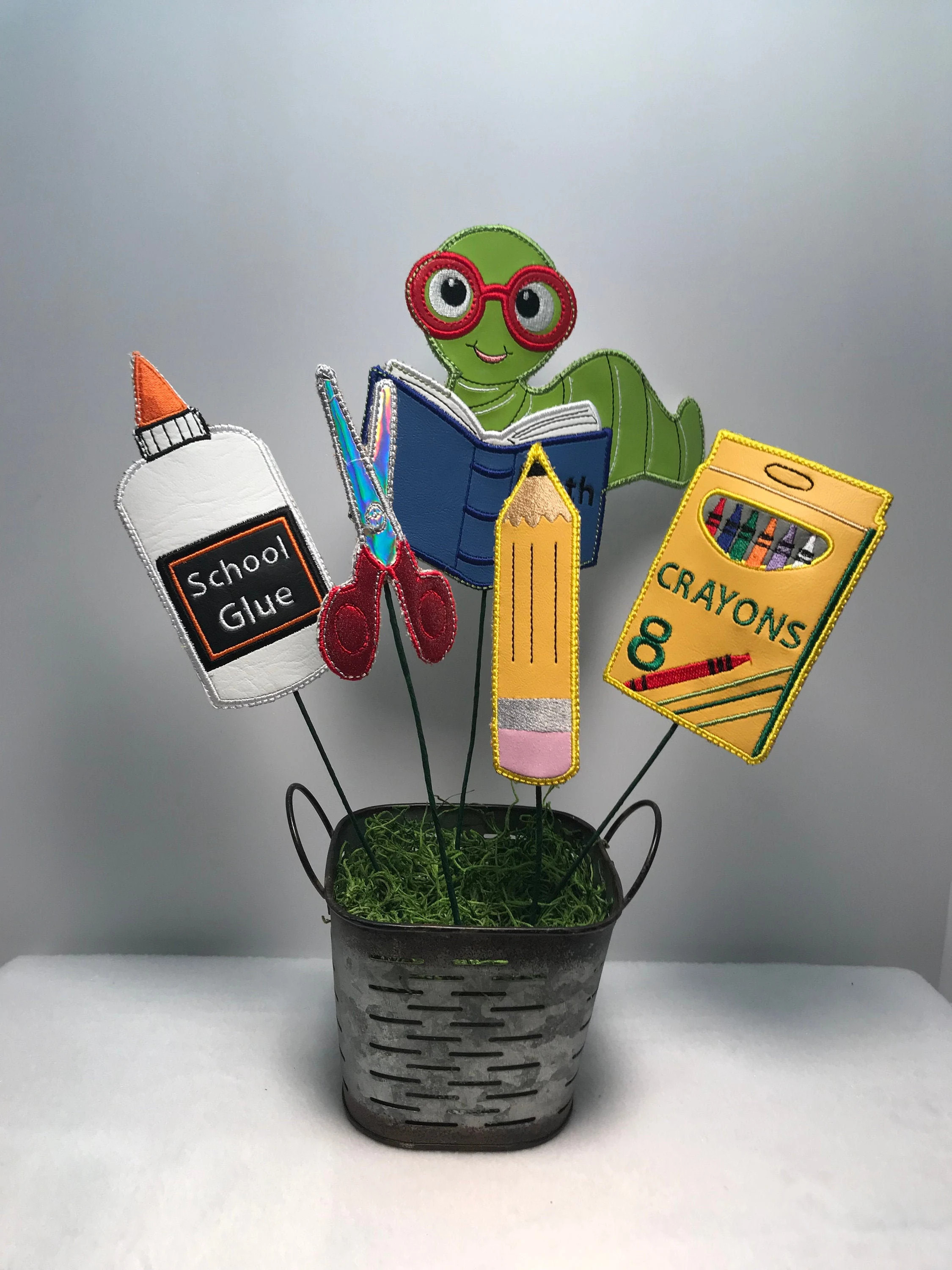 School Supplies Picks Bookworm, Pencil, Glue, scissors and Box of Crayons | Etsy (Global)