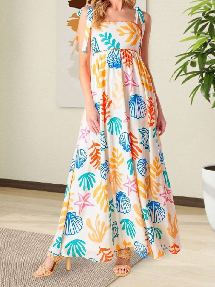 Women Long Dress Shell/Floral Print Tie-Up Straps Cami Dress Summer Fashion Sleeveless Casual Dress | SHEIN