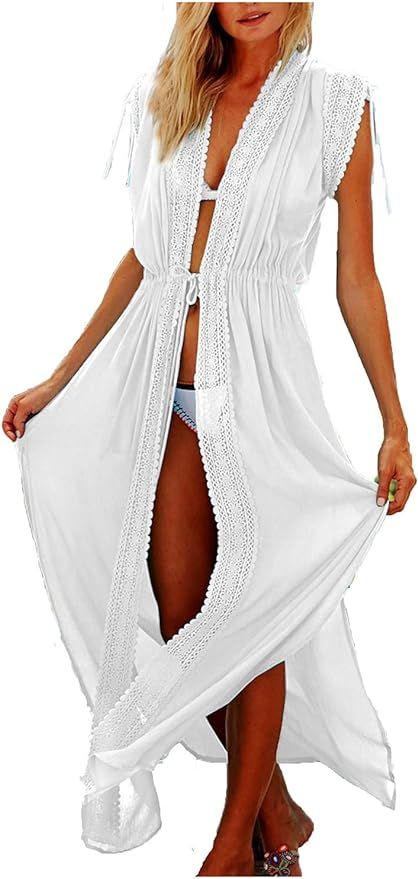 Wander Agio Womens Bikini Cover Ups Beach Coverup Swimsuits Sunscreen Long Covers Lace Rope White | Amazon (US)