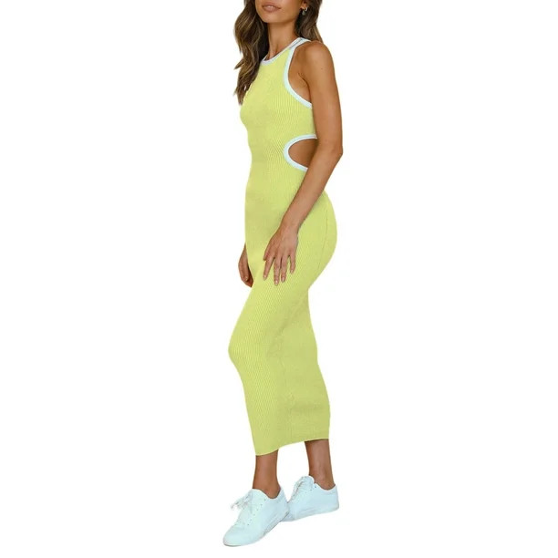 wybzd Women's Knitted Dress, Contrast Color Sleeveless Round Neck Hollow-Out Back Long Bodycon Dr... | Walmart (US)