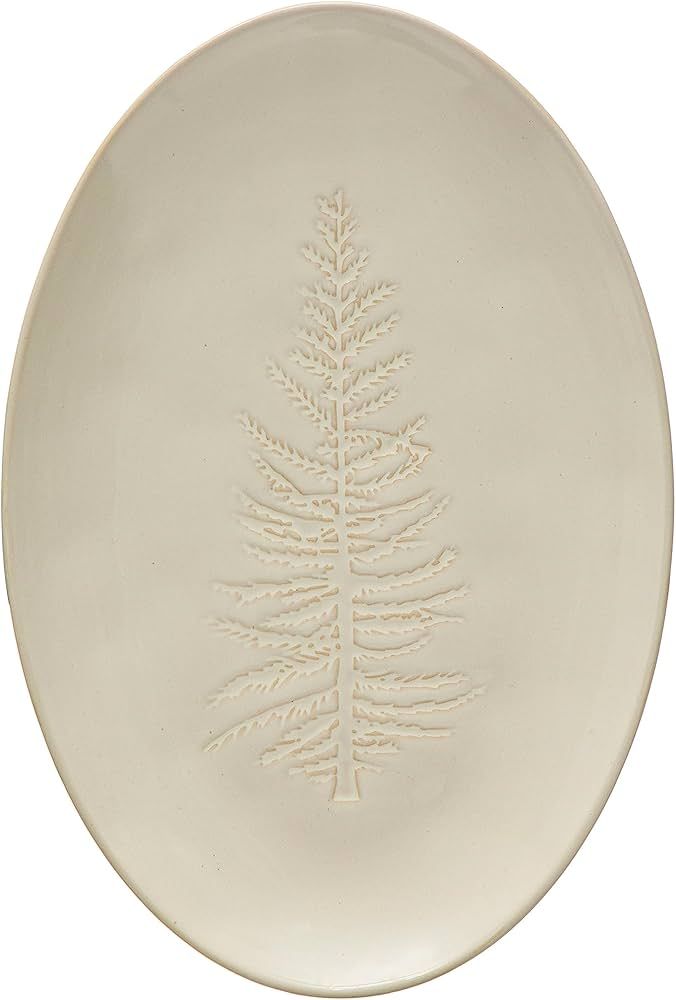 Creative Co-Op Oval Debossed Stoneware Platter with Tree Design, White Serveware | Amazon (US)