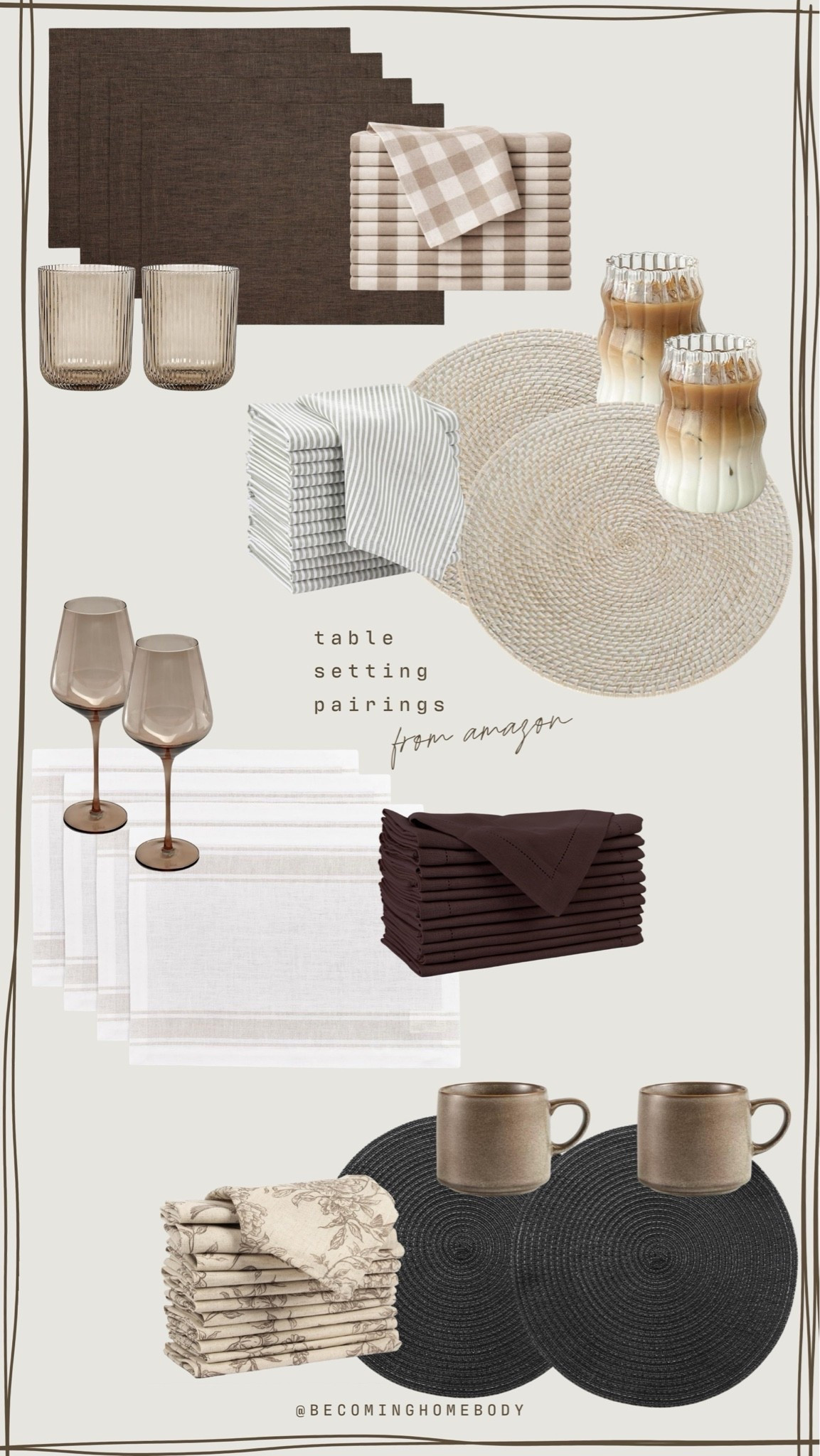 Amazon table setting pairings 🤎 I love these pretty, elevated Amazon home place mats, wine glasses, mugs, water cups, and linen napkins. All such pretty finds for a neutral dining room space. 🙌🏻

#LTKHome