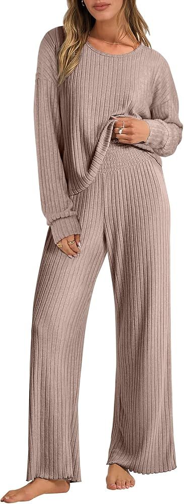 ANRABESS Women 2 Piece Lounge Pajamas Sets Casual Ribbed Knit Long Sleeve Top Pants Matching Set ... | Amazon (US)