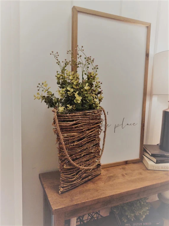 Hanging  Rattan basket with flowers, Wall flower basket, Modern farmhouse decor, Modern Farmhouse... | Etsy (US)