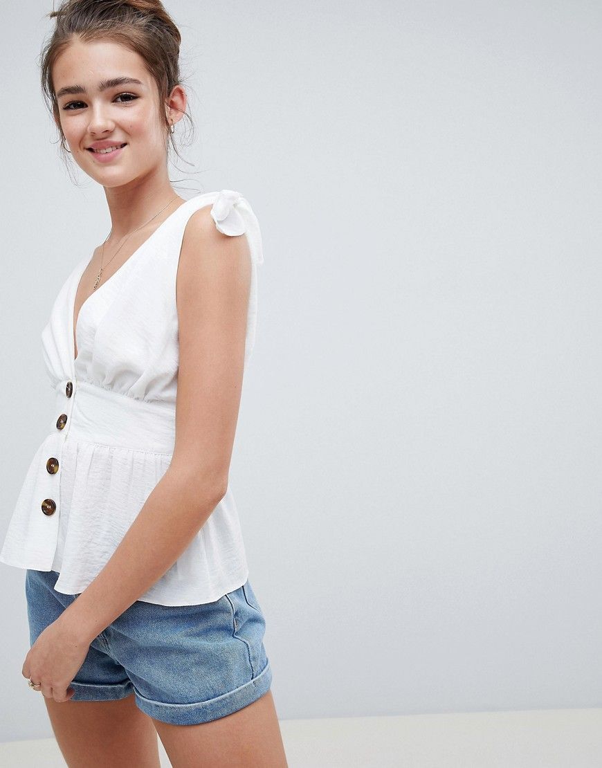 ASOS DESIGN button front sun top with tie shoulder detail in white - White | ASOS US