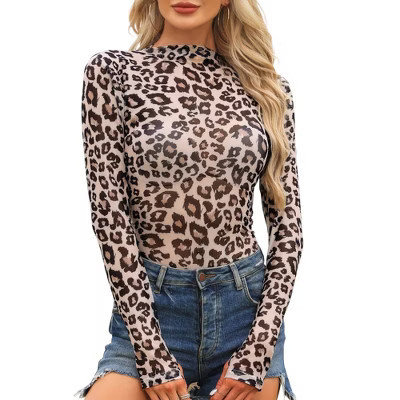 INSPIRE CHIC Women's Mesh Leopard Print Long Sleeve Mock Neck Fitted See Through Tops X-Small Nude Leopard Print | Target