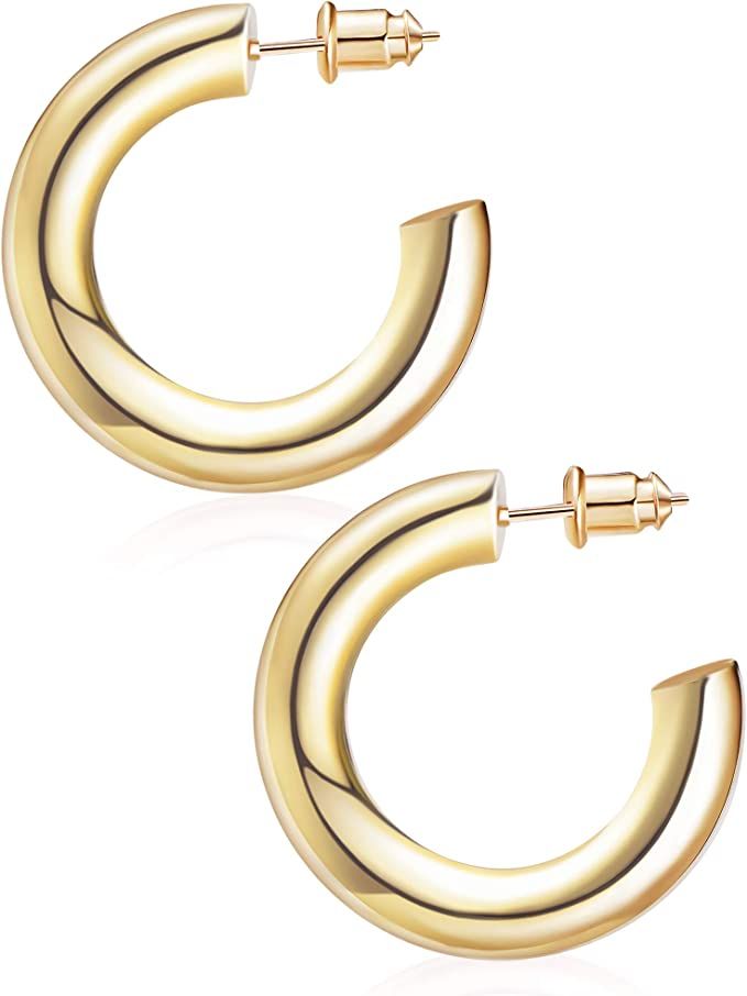 Amazon.com: Wowshow Chunky Gold Hoop Earrings, Thick Gold Hoop Earrings for Women 14K Real Gold P... | Amazon (US)